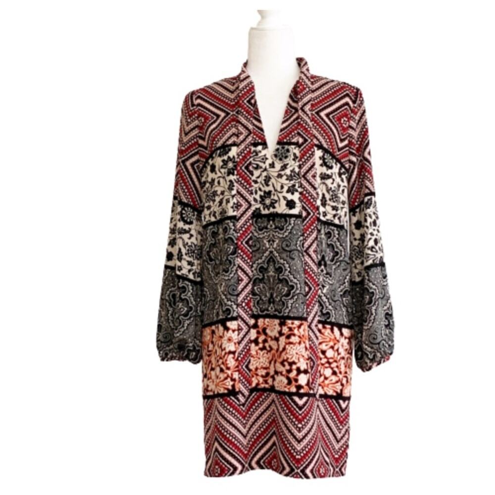Maggy London Dress 3/4 Sleeve Mixed Print V-Neck Tie Dress Size 4